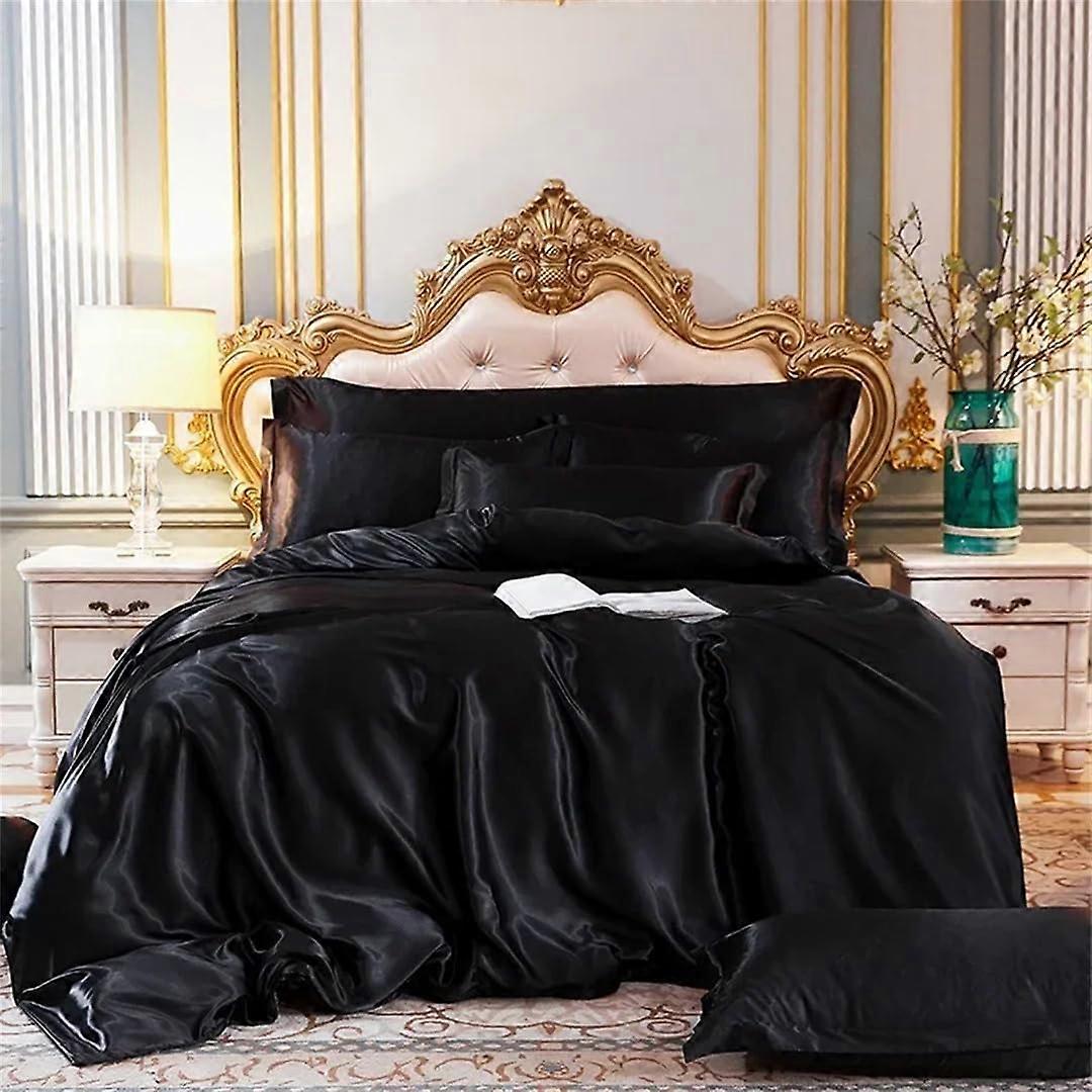 King Size Black Bed Sheets 4 Piece Set Solid Black Design Bedding with Flat and Fitted Sheets