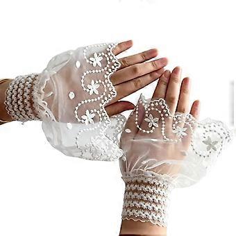 Punhos transparentes bordados sem dedos para mulheres, mangas de renda com punho alargado, ideais para casamentos e ensaios fotográficos.