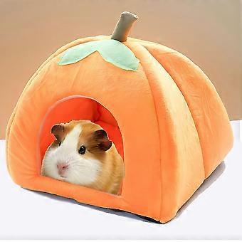 Pumpkin-Shaped Small Animal Bed, Cozy Warm Hideout for Hamster Guinea Pig with Removable Cushion, Soft Plush Indoor Tent