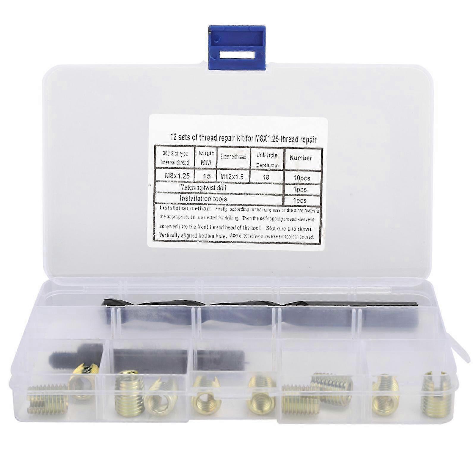 12PCS M8 x 1.25 Thread Repair Kit Self Tapping Thread Inserts Tool Set