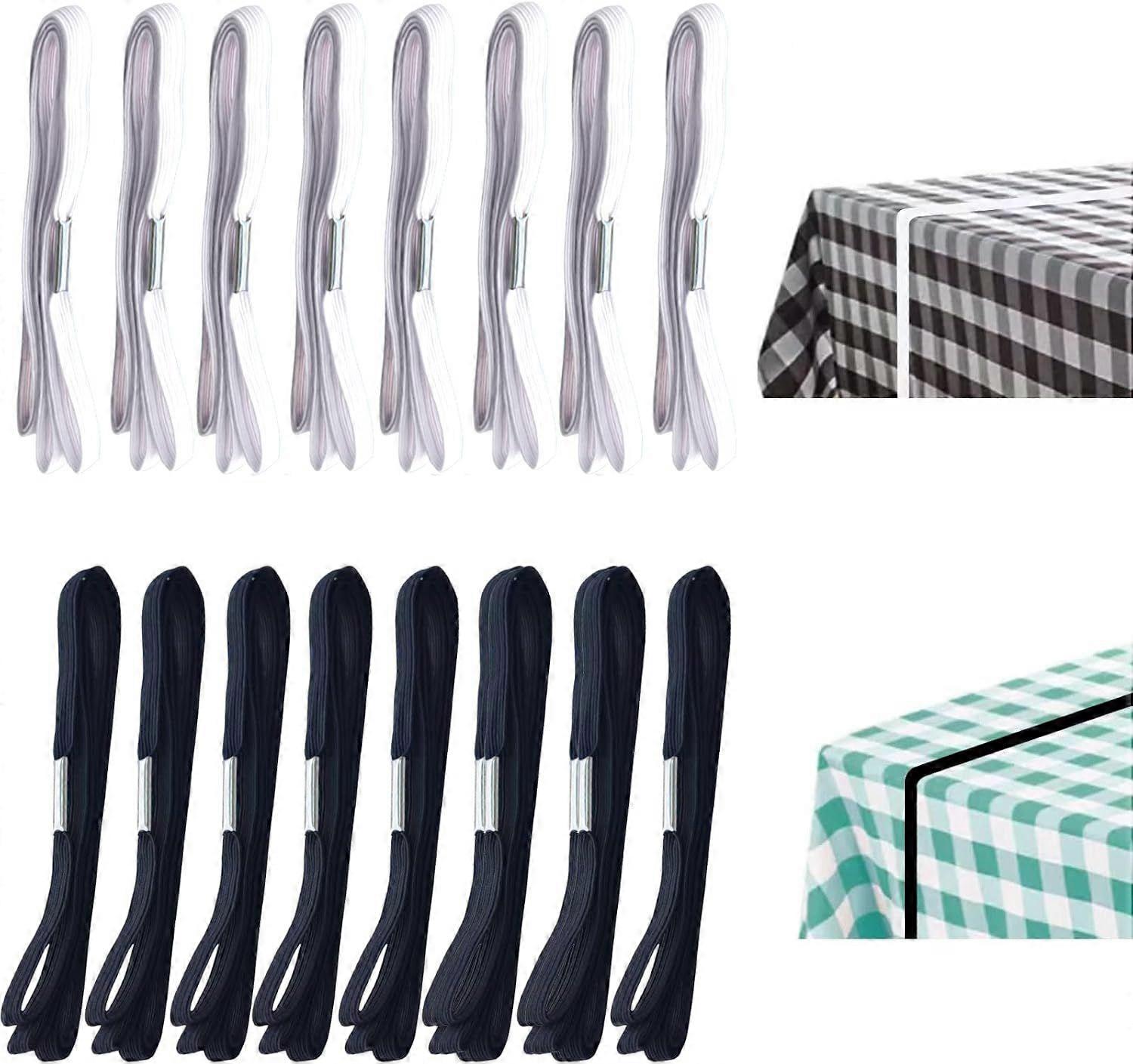 Table Bungees - Elastic Table Cloth Bands (White & Black, 16 Pieces)