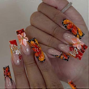 Long Square Press On Nails Orange French 3D Butterfly