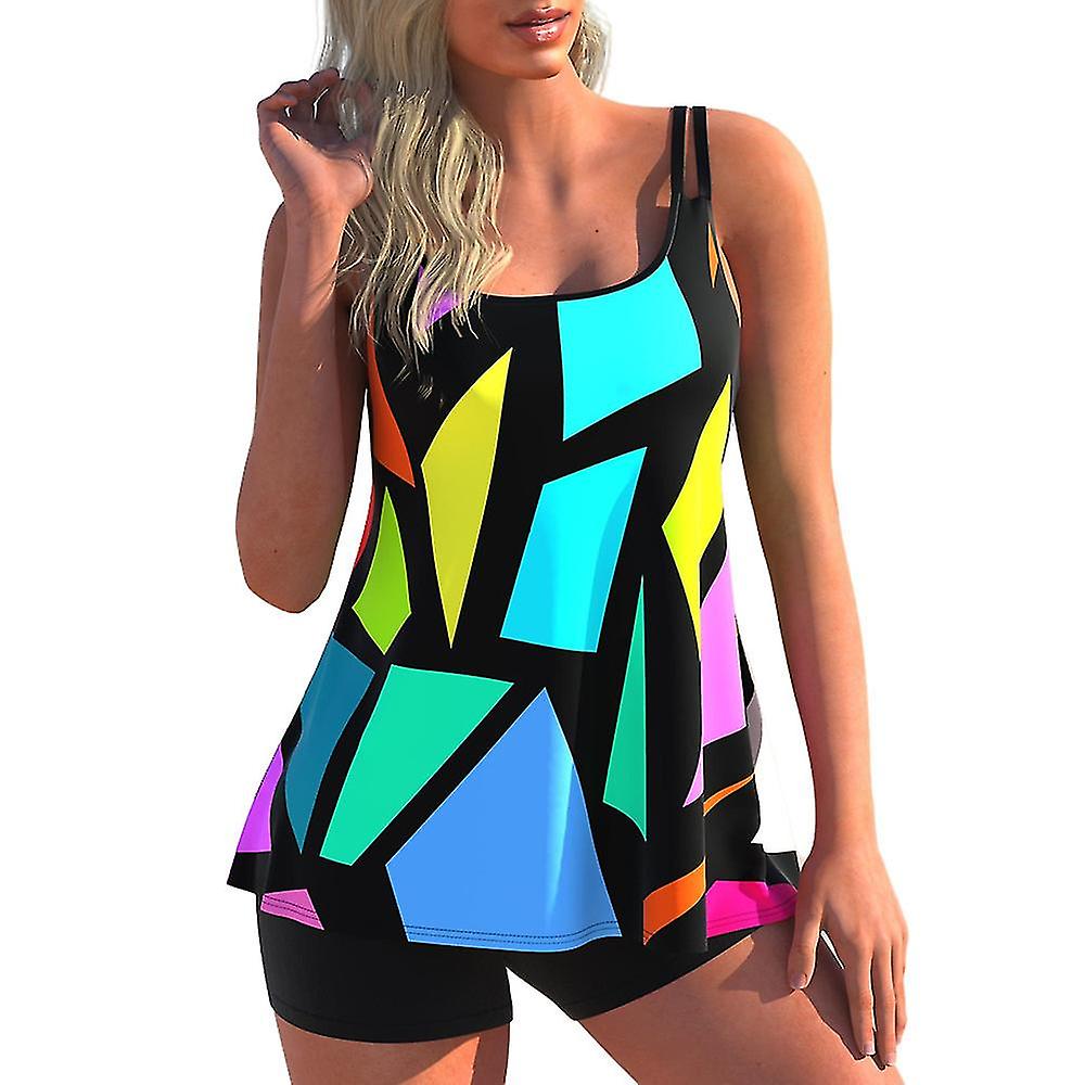 Bikini Print Halter Open Back Loose Conservative Boxer Split Swimsuit, Geometric, L