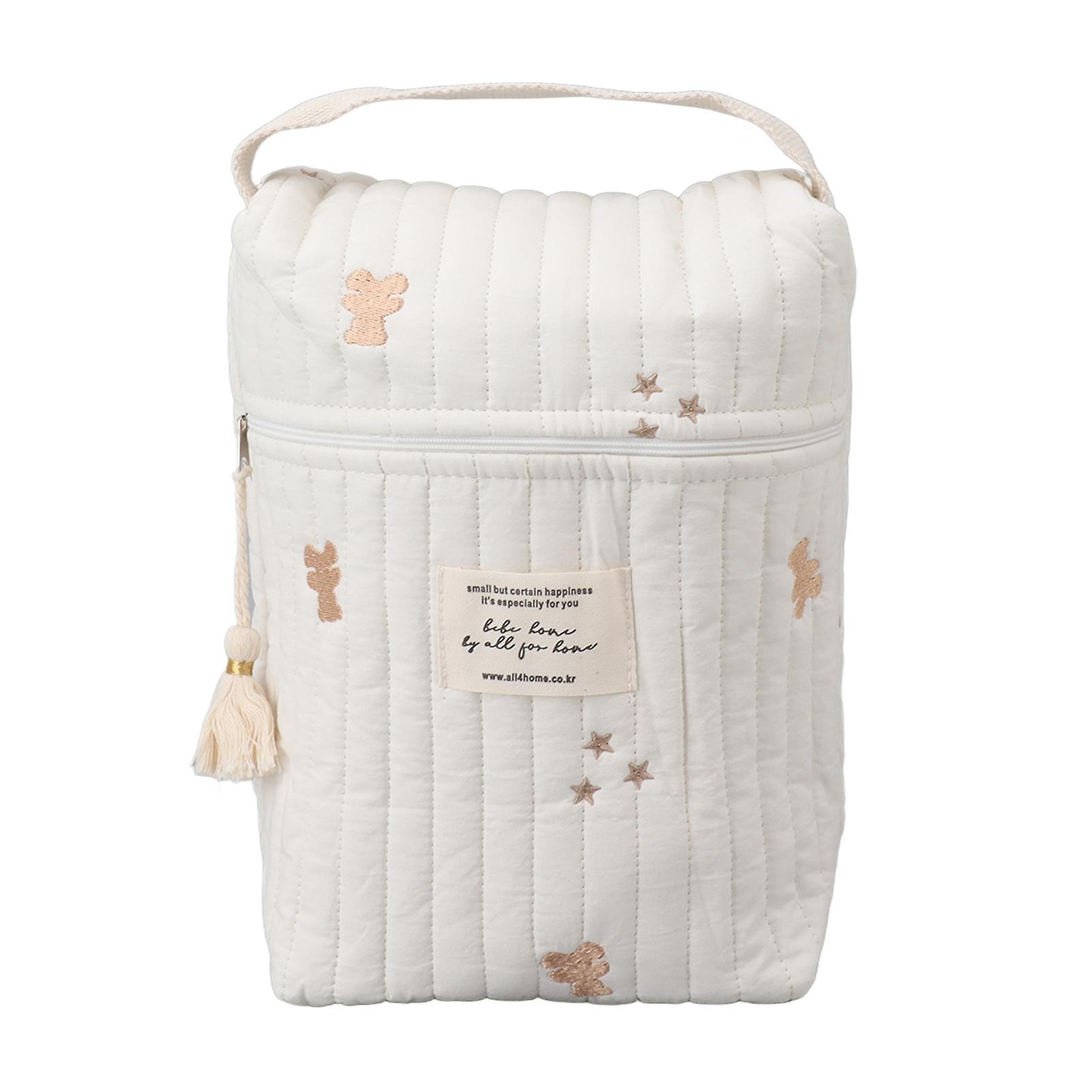 Cotton diaper bag with embroidered and quilted pattern, zippered bag for stroller, bottle, wipes, pacifier, bear