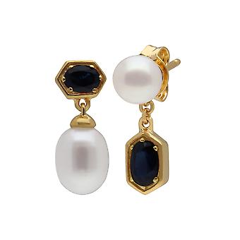 Modern Pearl & Sapphire Mismatched Drop Earrings in Gold Plated...