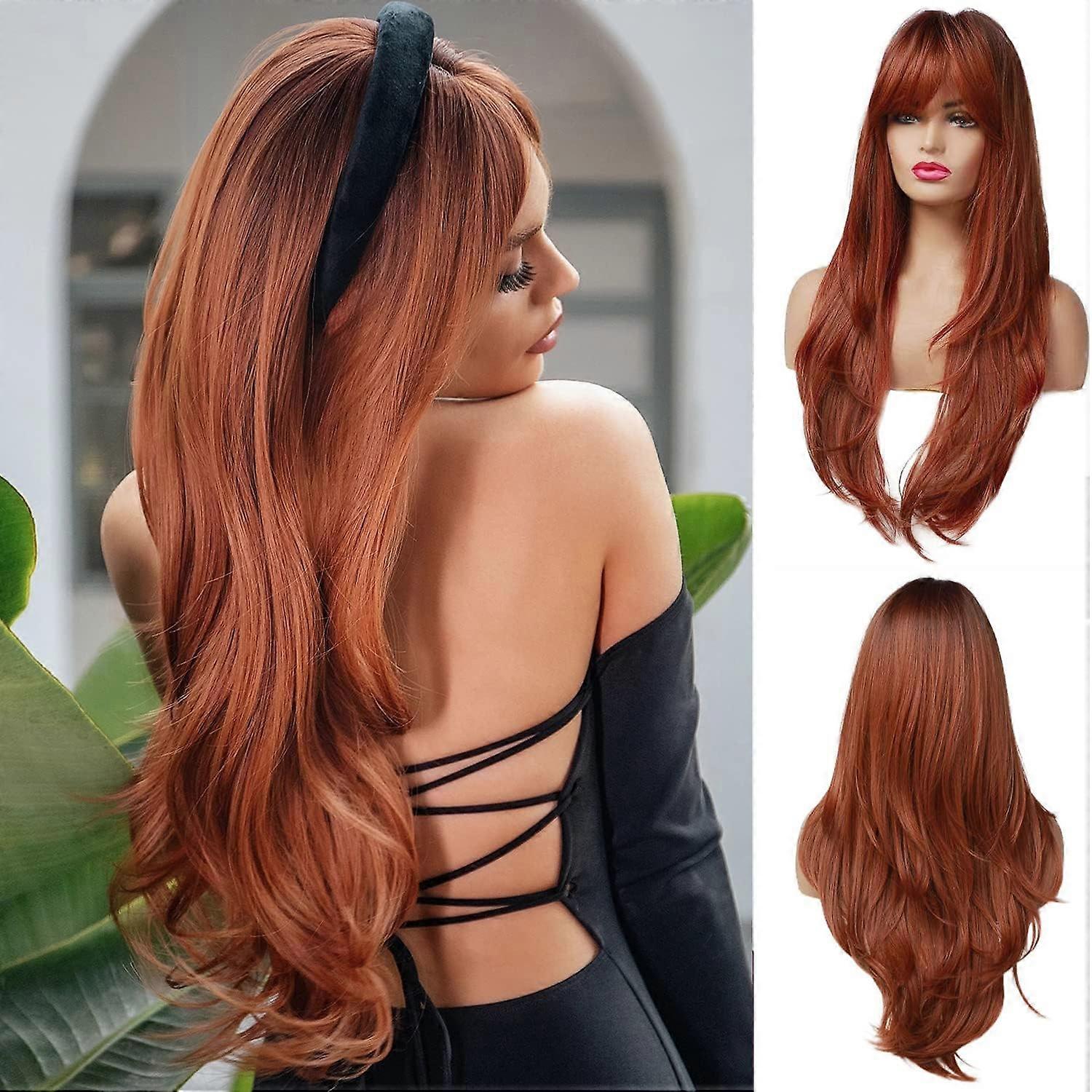 Perruque naturelle fminine orange 26" avec frange, longue perruque verticale naturelle avec racines fonces, perruque synthtique rsistante la chaleur