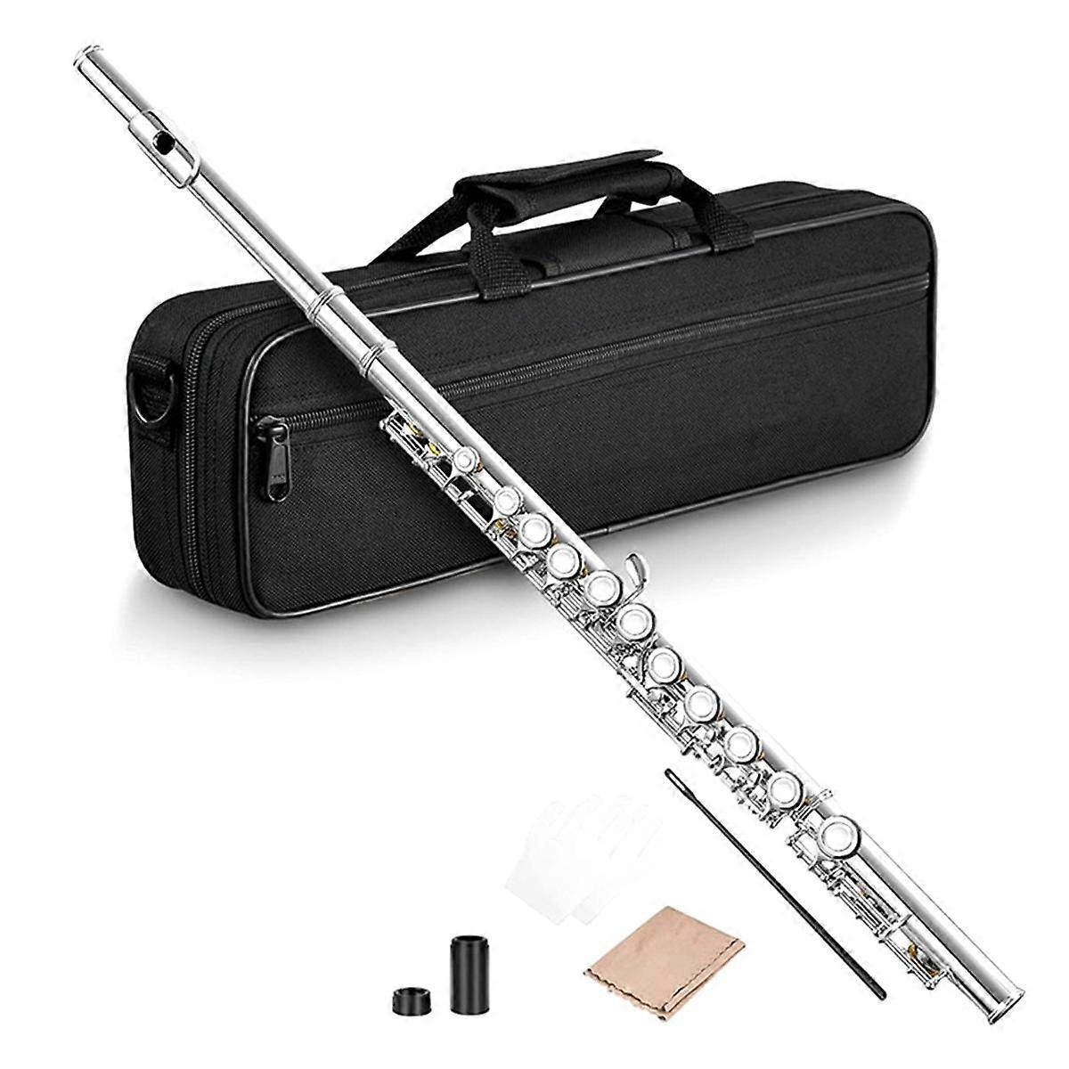 16 Closed Open Holes C Key Professional Transverse Flute Concert Musical Instrument with Box Cleaning Cloth Stick Gloves