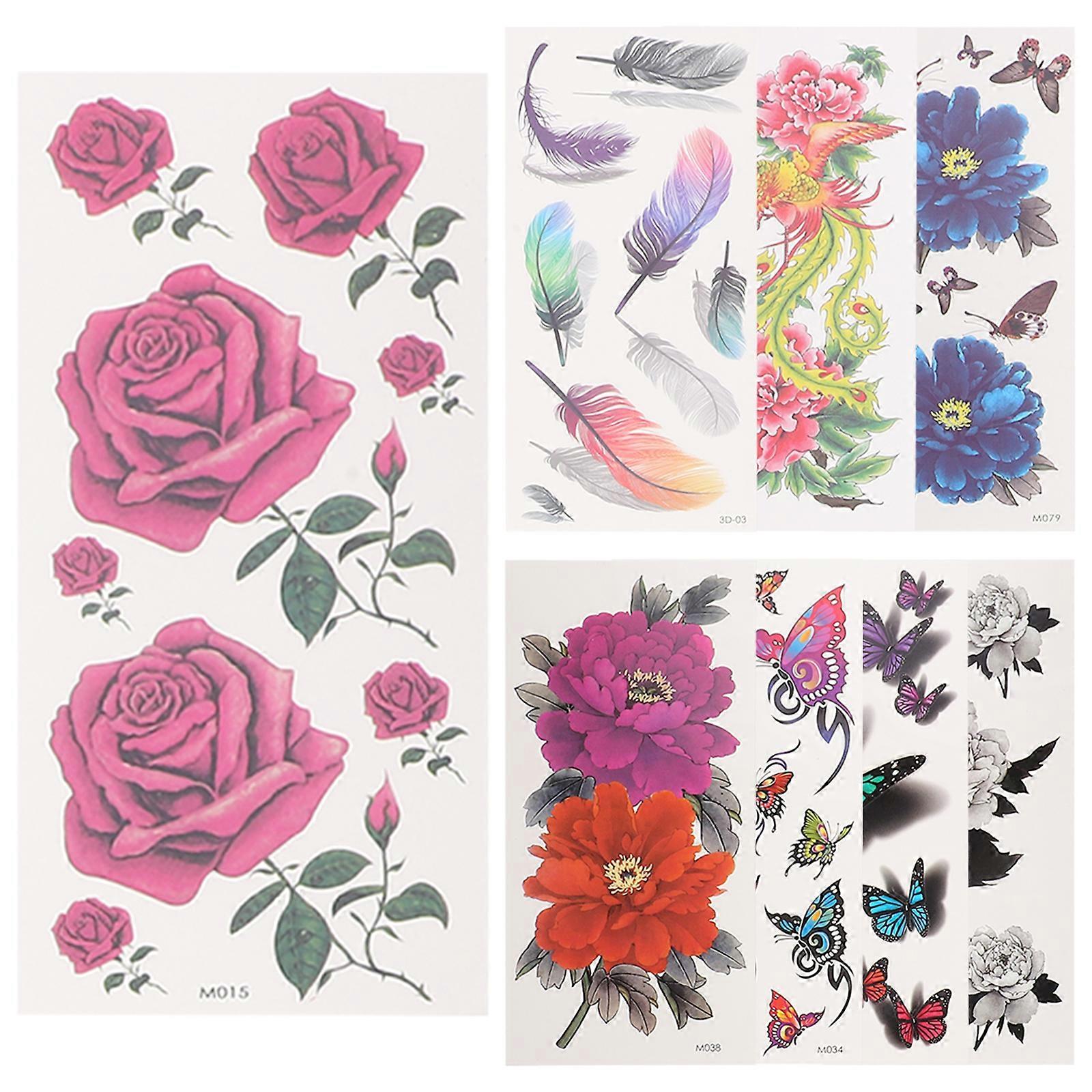 8 Sheets Temporary Rose Peony Flower Phoenix 3D Feather Flash Easy to Apply and Long Lasting for Women