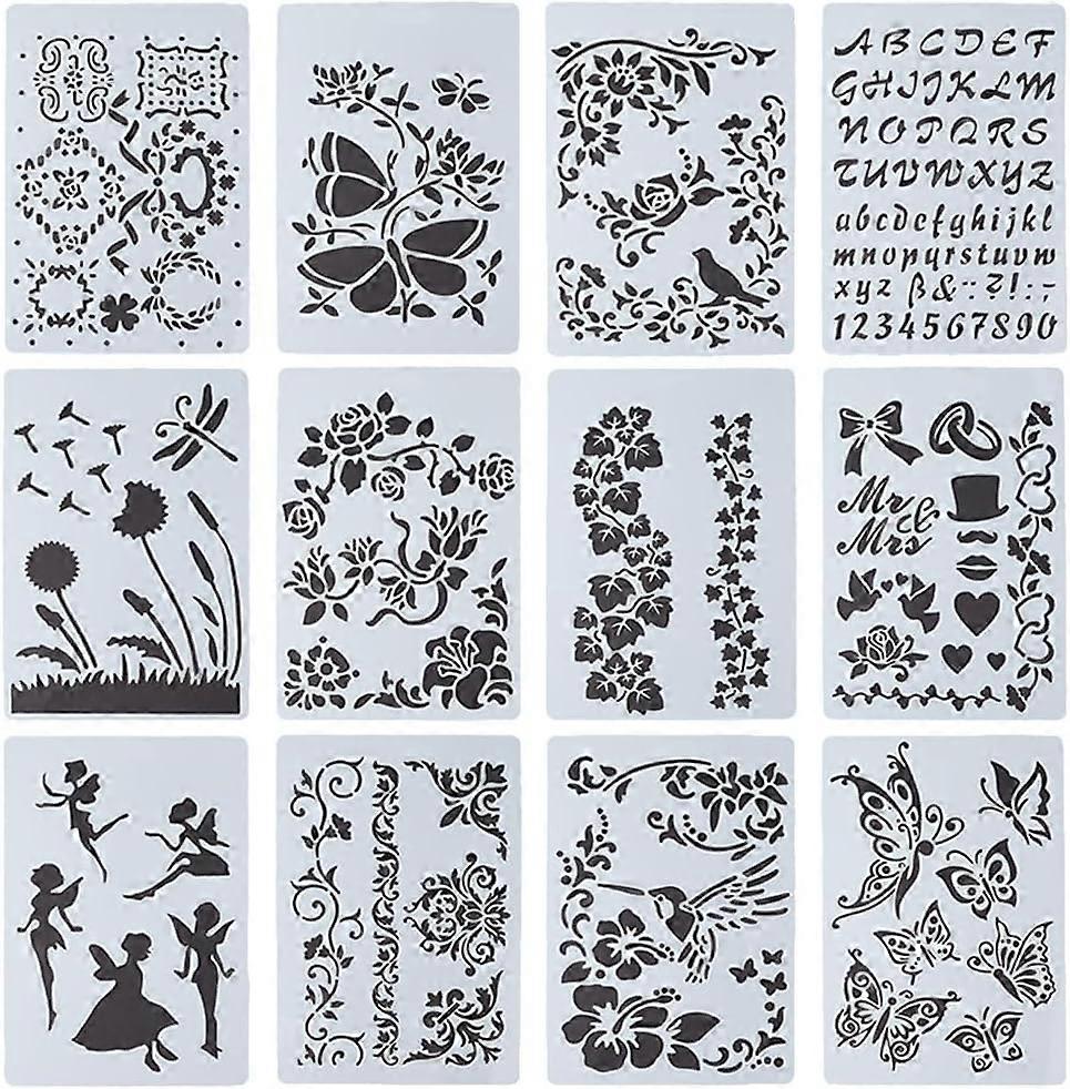 12 Styles 10.3" x 6.9" Ivy Plastic Drawing Art Stencil Reusable Vine Fairies Template Butterflies Dragonflies Alphabet Number Flower Bird Border Stenc