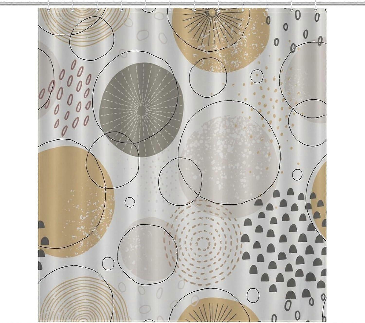 ستائر دش دائرية مجردة بوهو للحمام ، جولات هندسية في منتصف القرن أشكال سطحية مرسومة باليد طباعة ديكور ستائر حمام مجموعة مع خطافات ، 