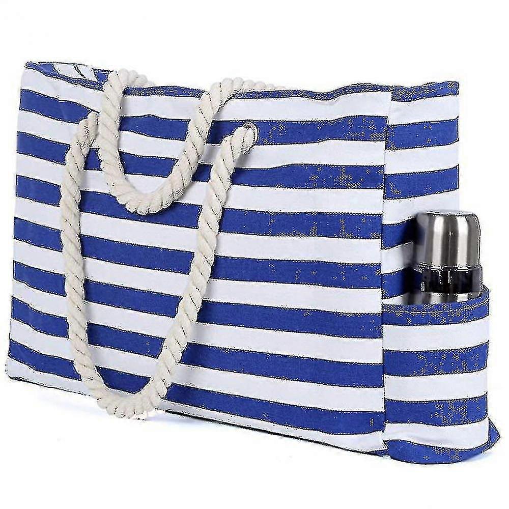 borsa da spiaggia di grande capacità, manico in corda di cotone, borsa da spiaggia in tela a righe blu, inclusa tasca interna