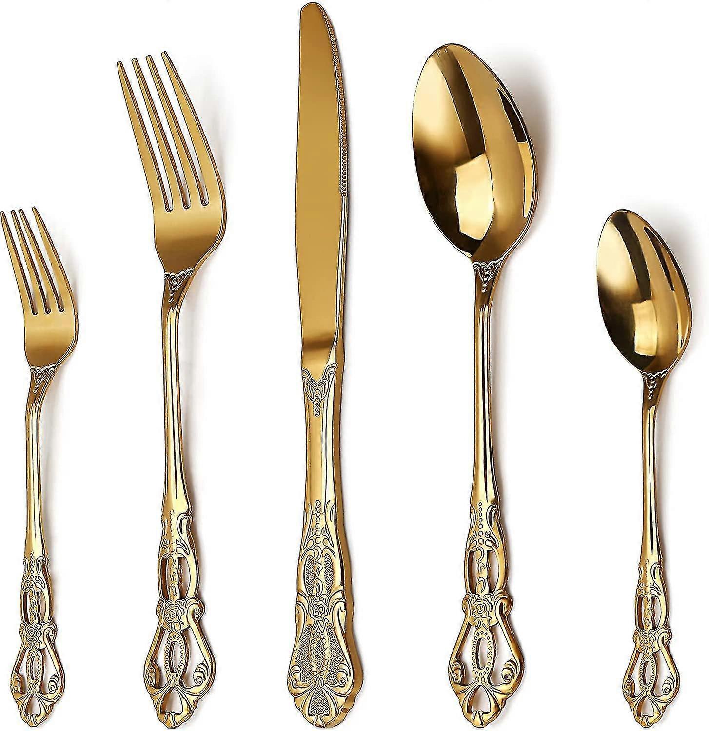ゴージャスなヴィンテージゴールドステンレススチールフラットウェアセット、20個ゴールデンシルバーウェアセット、防錆ステンレススチールゴールドカトラリーセット用具