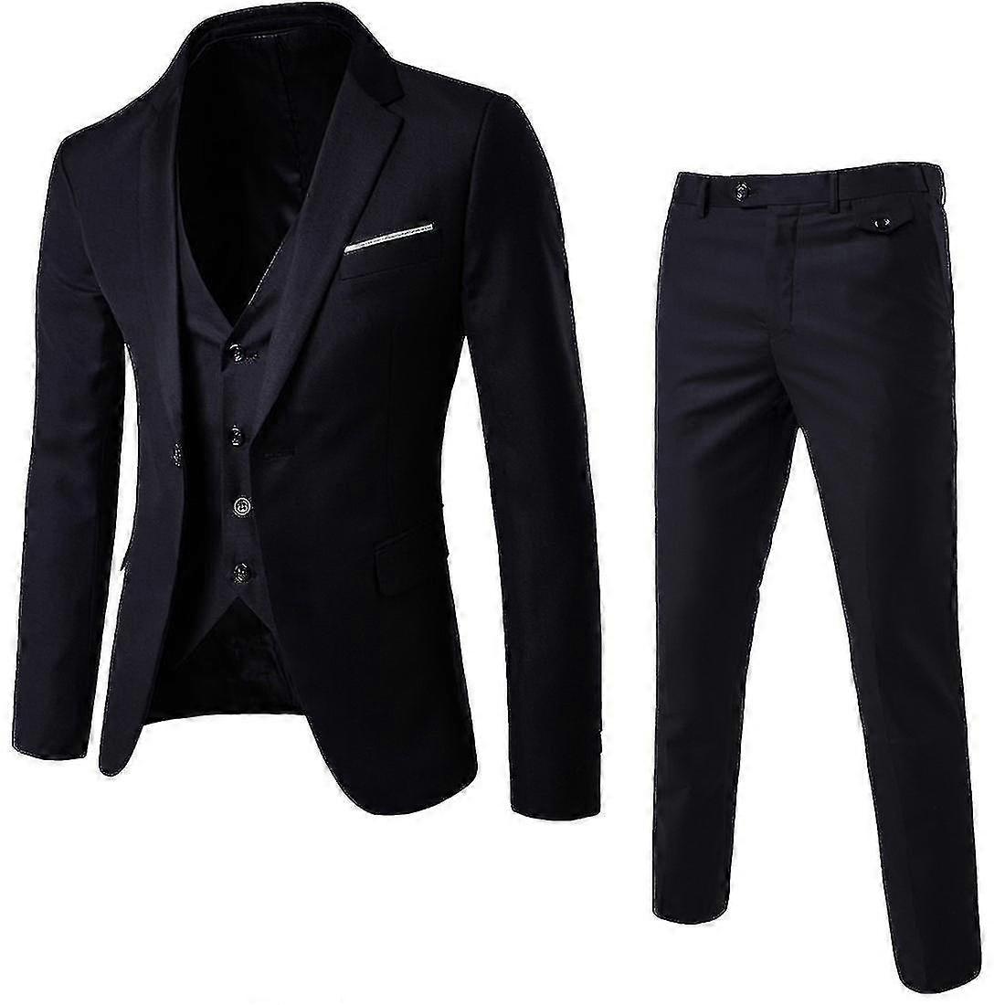 Men's 3 Piece Slim Fit Suit Set One Button Solid Jacket Vest Pants Business Set-yky