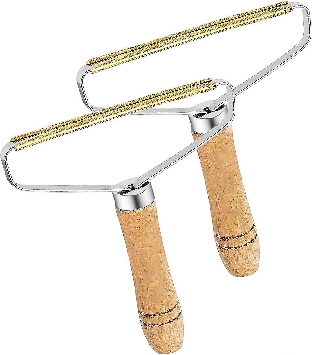 Portable Lint Remover, 2PCS Manually Lint Roller with Wooden Handle Holder, Reusable Double Sided Fabric Shaver for Carpets