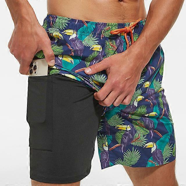 Swimming Trunks Men with Zipper Pocket 2 in 1 Quick Dry Beach Shorts Lightweight Sun Protection Swimwear with Compression Liner