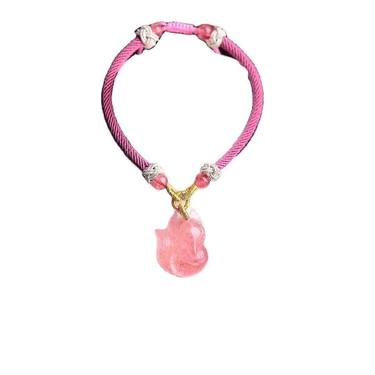 Natural Strawberry Crystal Bracelet Braided Fox Beaded Stretchy Bracelet for Lady Pink