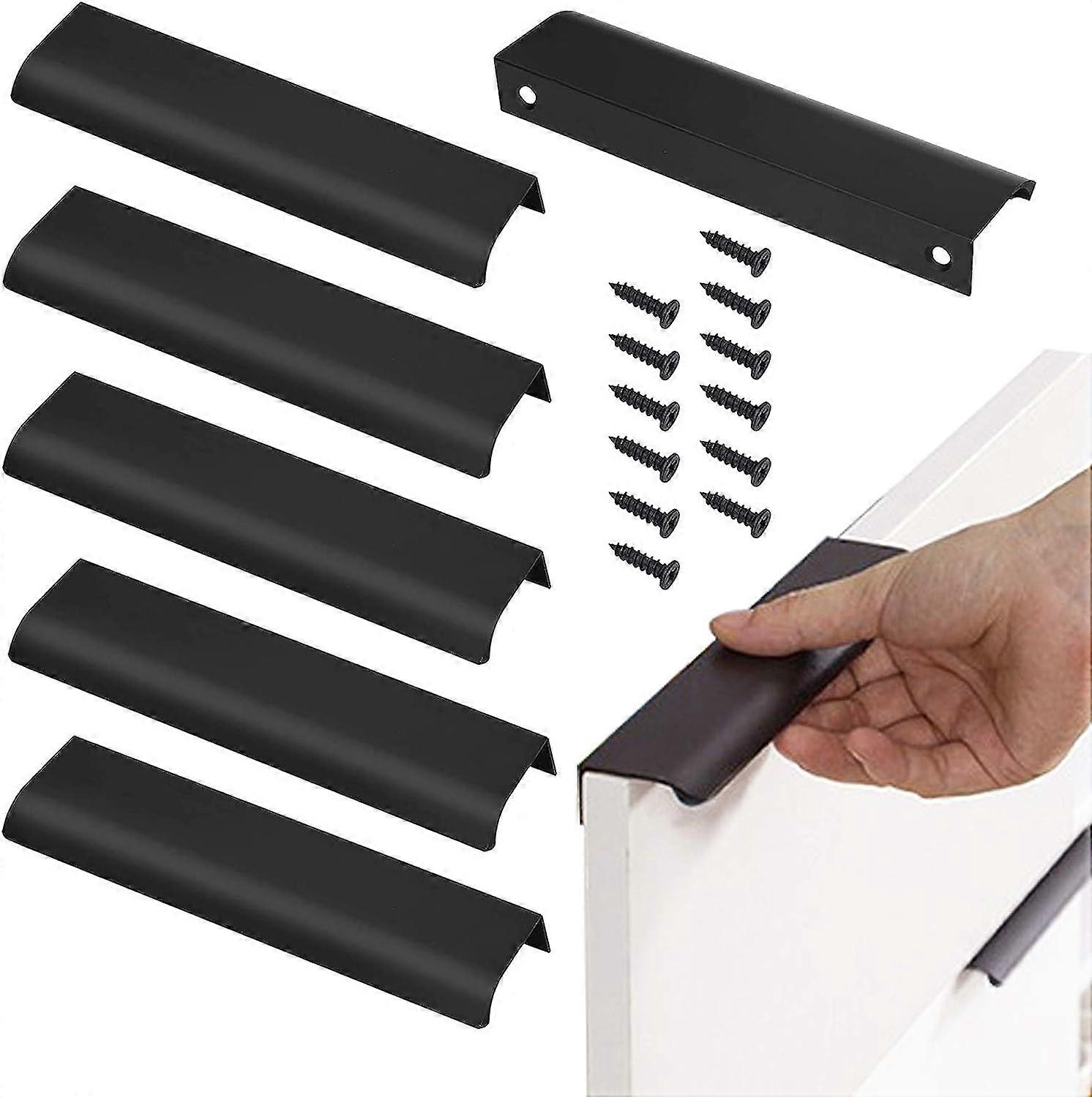 6 Cabinet Handles, 128mm Concealed Matte Black Door Handles, Aluminum Profile Handle, Integrated Handle Kitchen Cabinet Pull for Drawer Cupboard Inter