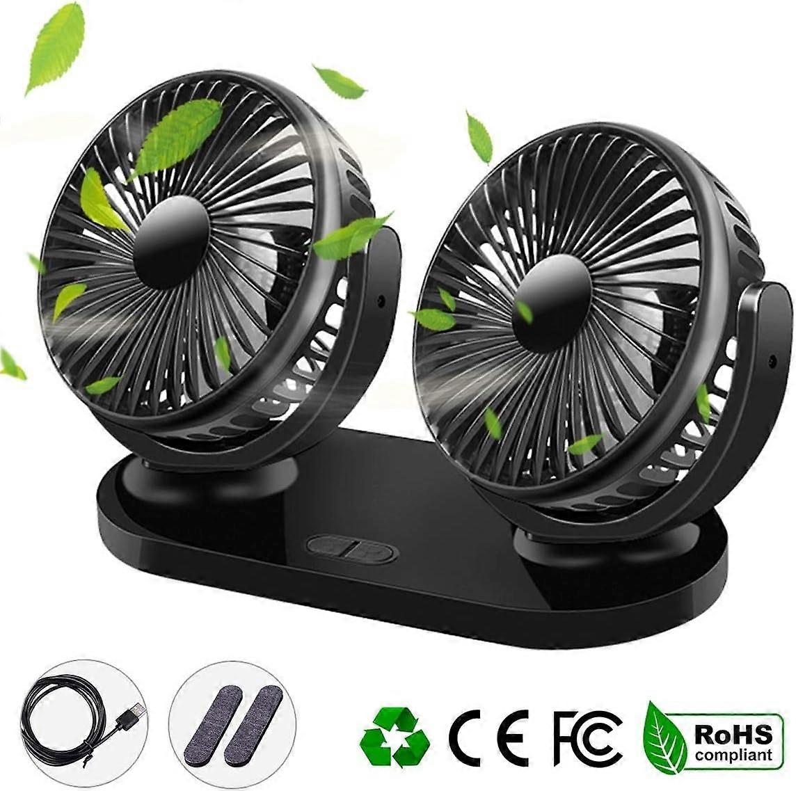 3 Speed Car Fan Double Fan Range 360 Degree Rotation Adjustable Fan Home Office Black for All