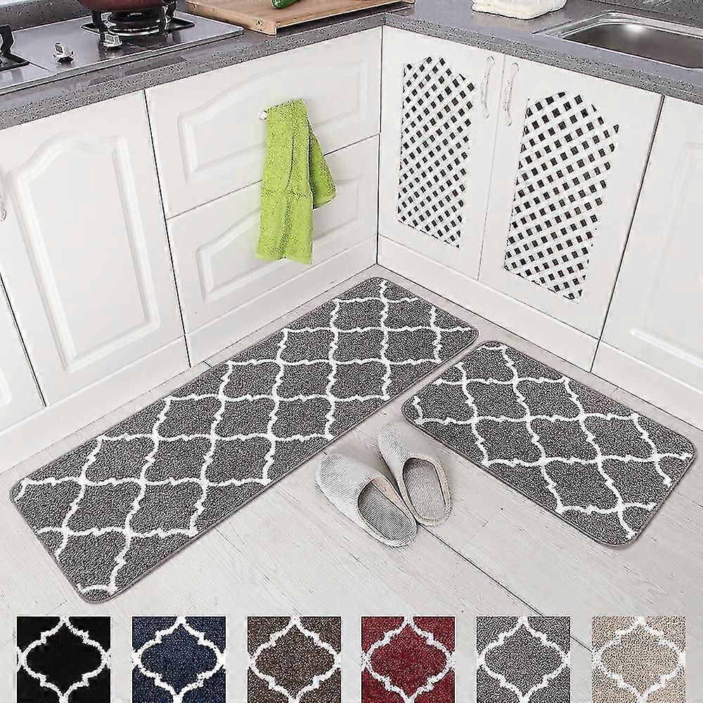 2 Pieces Kitchen Rugs And Mats Set Absorbent Soft Microfiber Bath Mat Moroccan Trellis Non-slip Kitchen Mat Doormat Runner Set, 17"x48"+17"