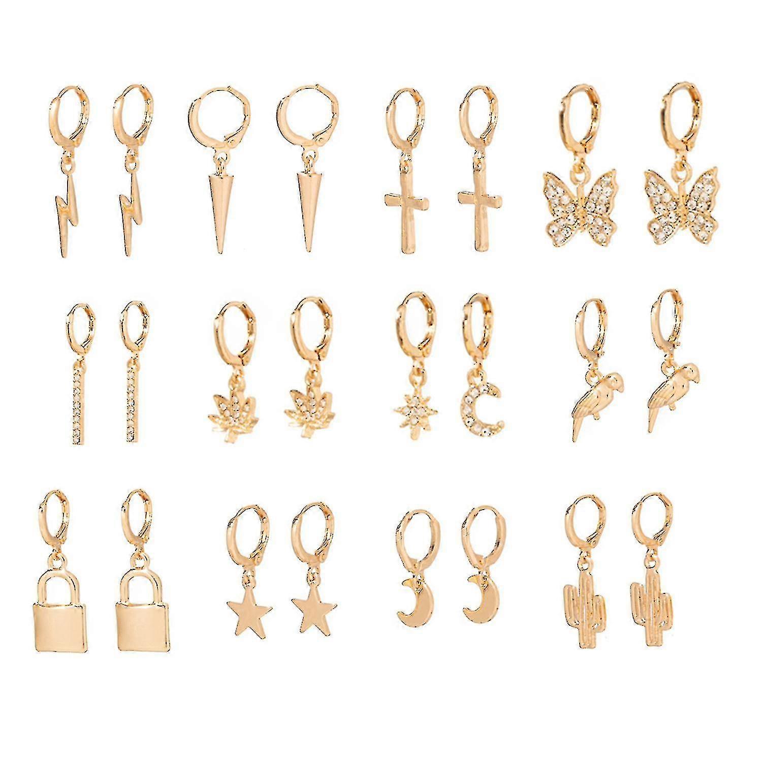 12 Pairs Gold Small Hoop Earrings Pack With Charm