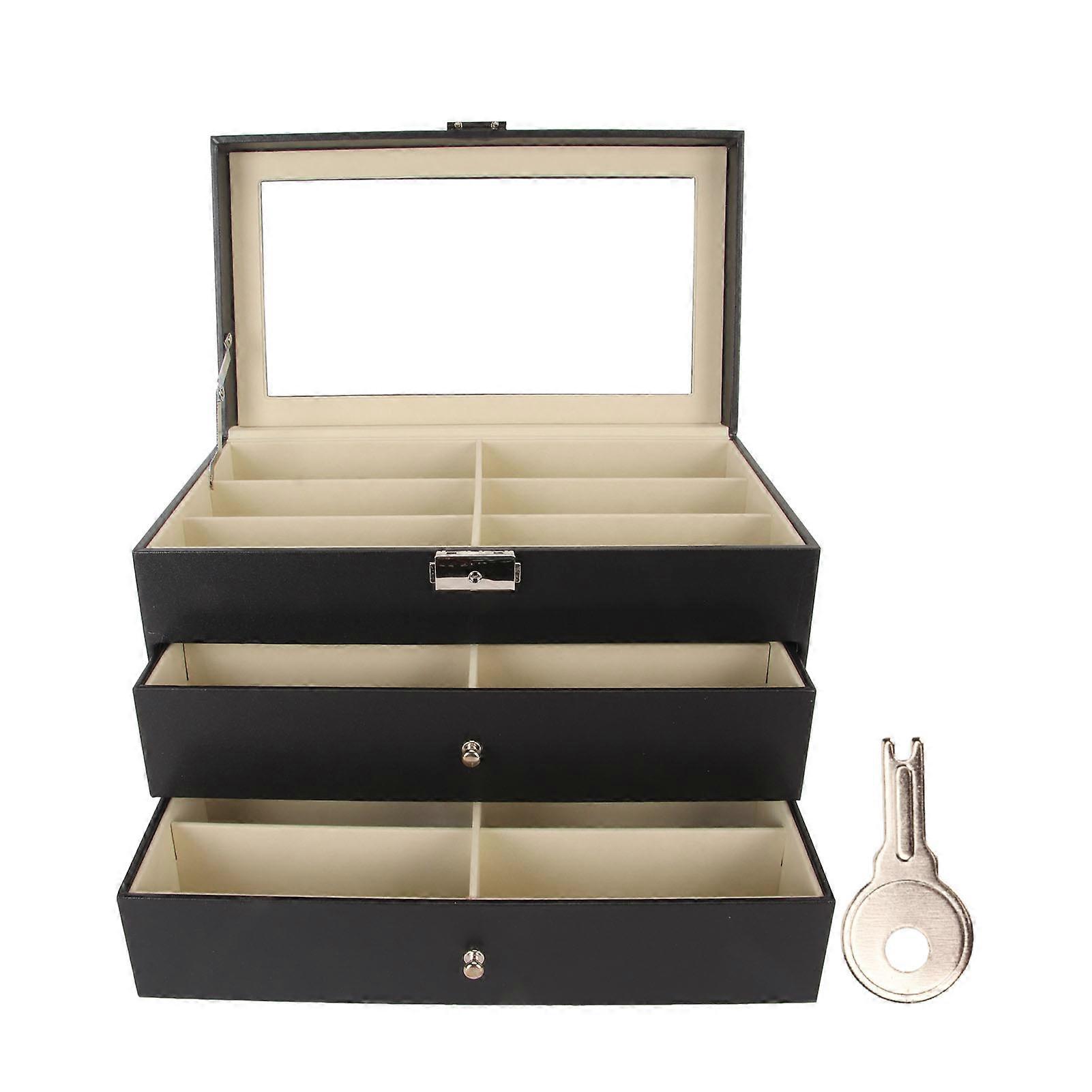 Multi-Slot Sunglasses Organizer: 18 Slot 3 Layer Eyewear Display Case with Drawer