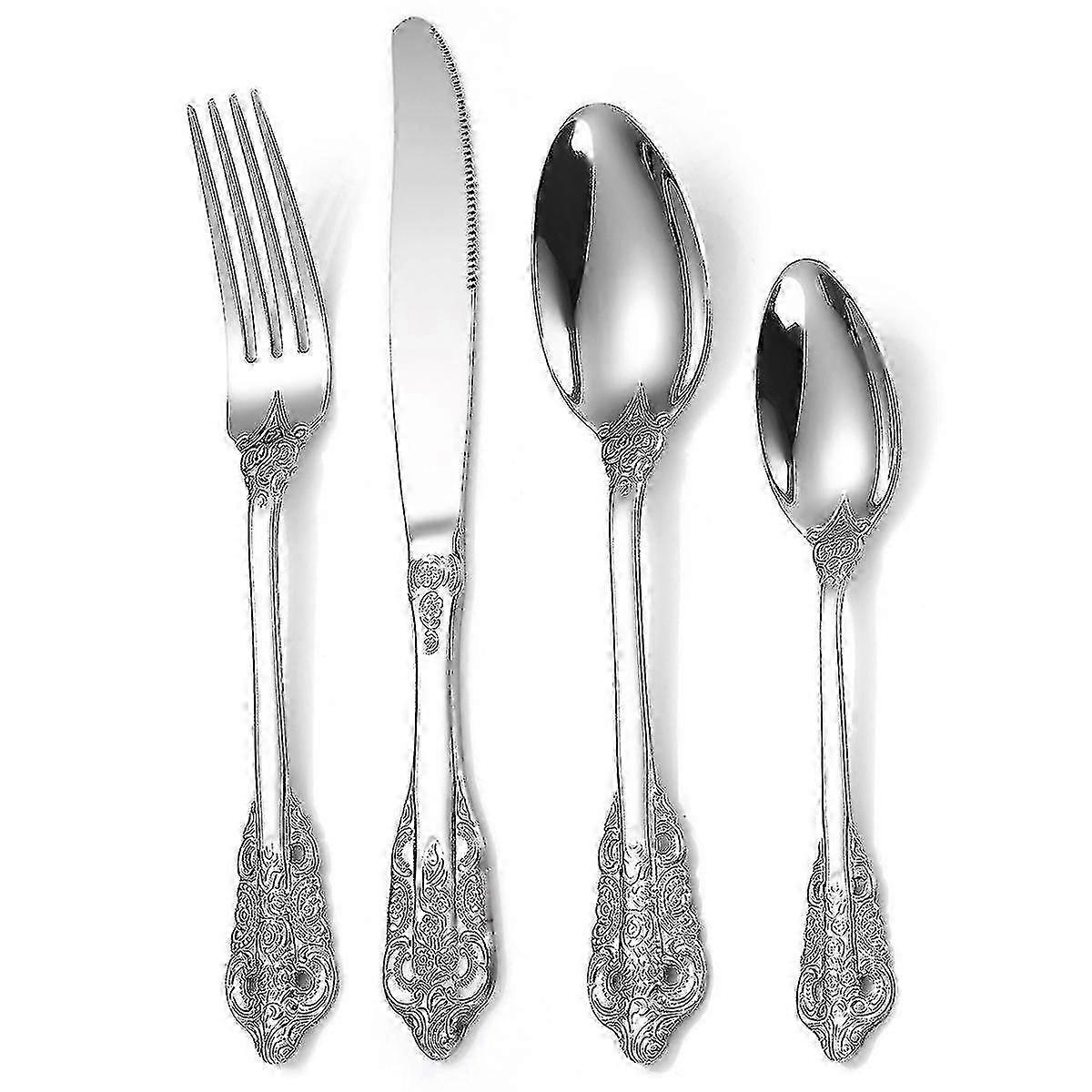 (Ασήμι) 4-κομμάτι ανοξείδωτο χάλυβα flatware μαχαιροπίρουνα σετ vintage ανακούφιση σκεύη