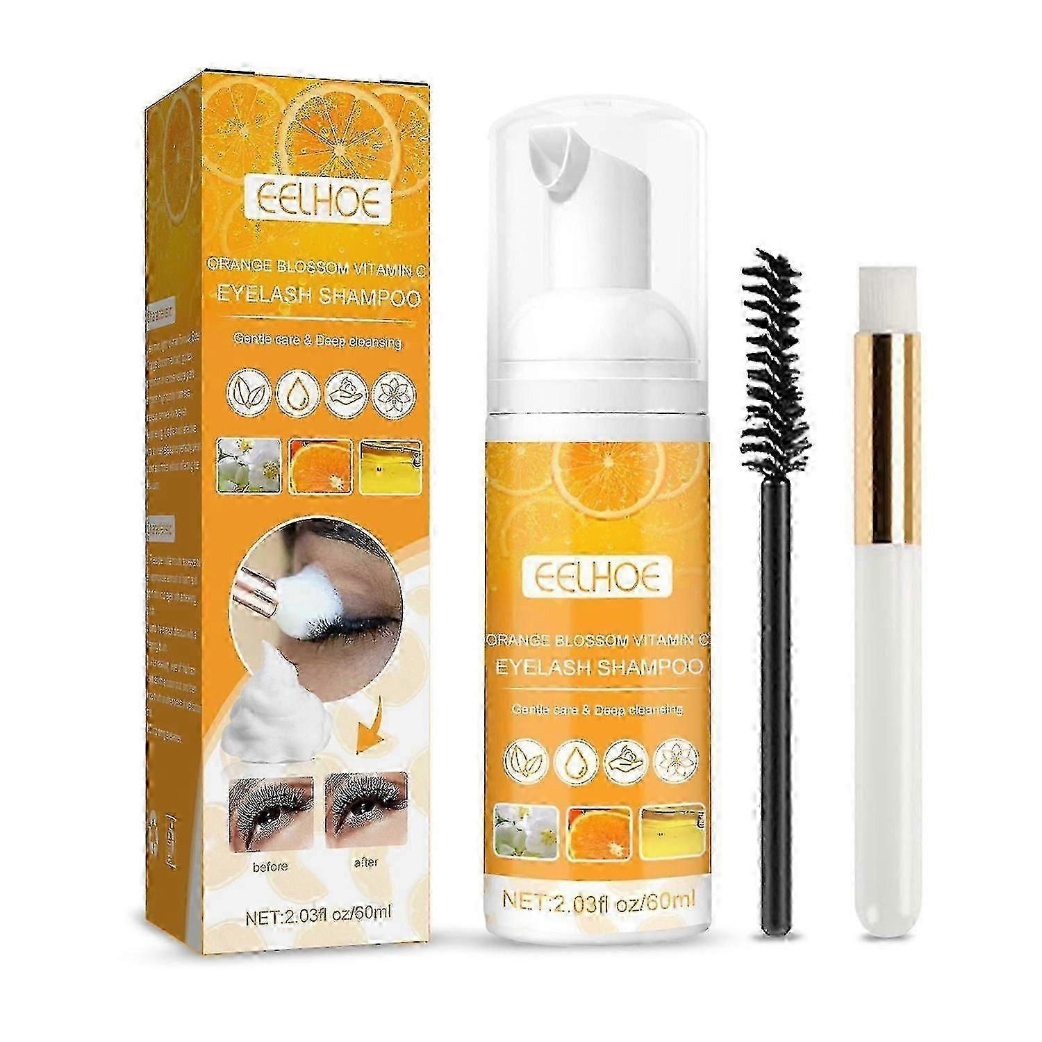 EELHOE 60ml Fleur d’oranger Vitamine C Shampooing pour cils Soin doux Nettoyage en profondeur Keep Mo