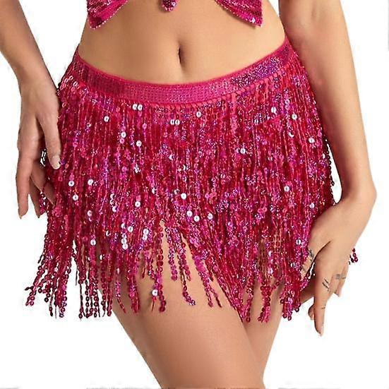 Women Belly Dance Skirt Chain Tassel Sequin 3-layer Lace-up Bohemian Clubwear Performance Mini Waist Wrap Latin Dance Practice Short Skirt Hip