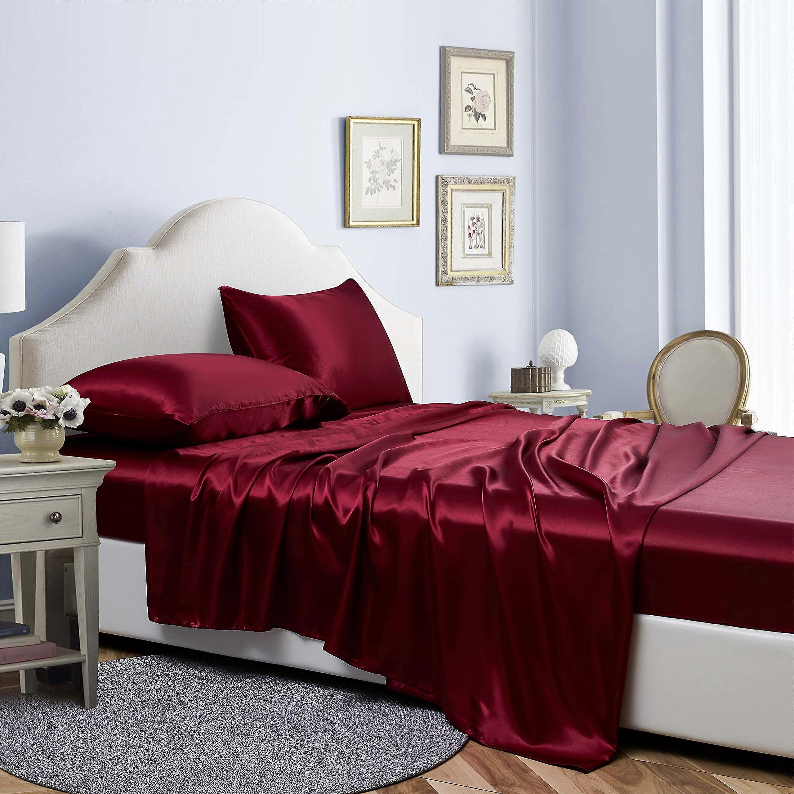 100% Pure Silk Satin Sheet Set 6pcs King Size Wine Color, 20 Inch Deep Pocket Fitted Sheet, Soft Silk Pillowcases