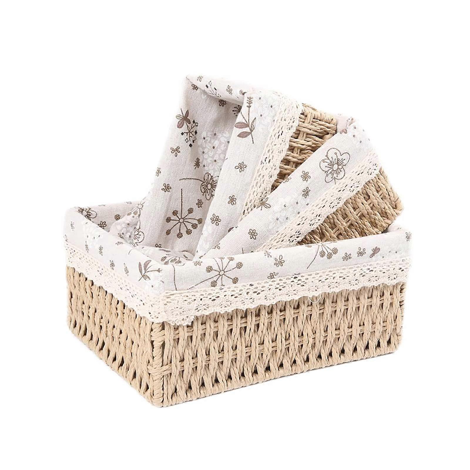 YRMT Storage Baskets 3 Set, Lined Decorative Paper Rope Woven Baskets for Makeup and Bedroom Organization