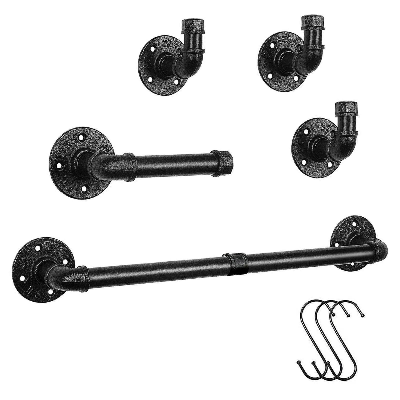 Industrial Iron Pipetowel Shelf Set Black 18-Inch Wall Mounted Bath Hardware With Towel Bar Toilet Paper Holder And 3 Coble Hooks