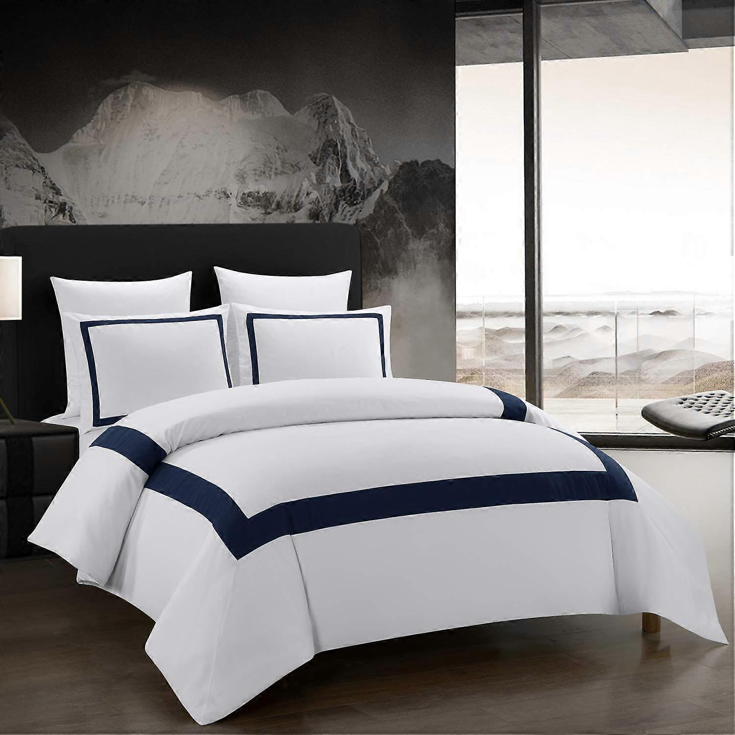 Hotel Duvet Cover Set Queen Size 3Pcs Microfiber Navy Line Pattern With Pillowcases Ultra Soft Breathable Bedding