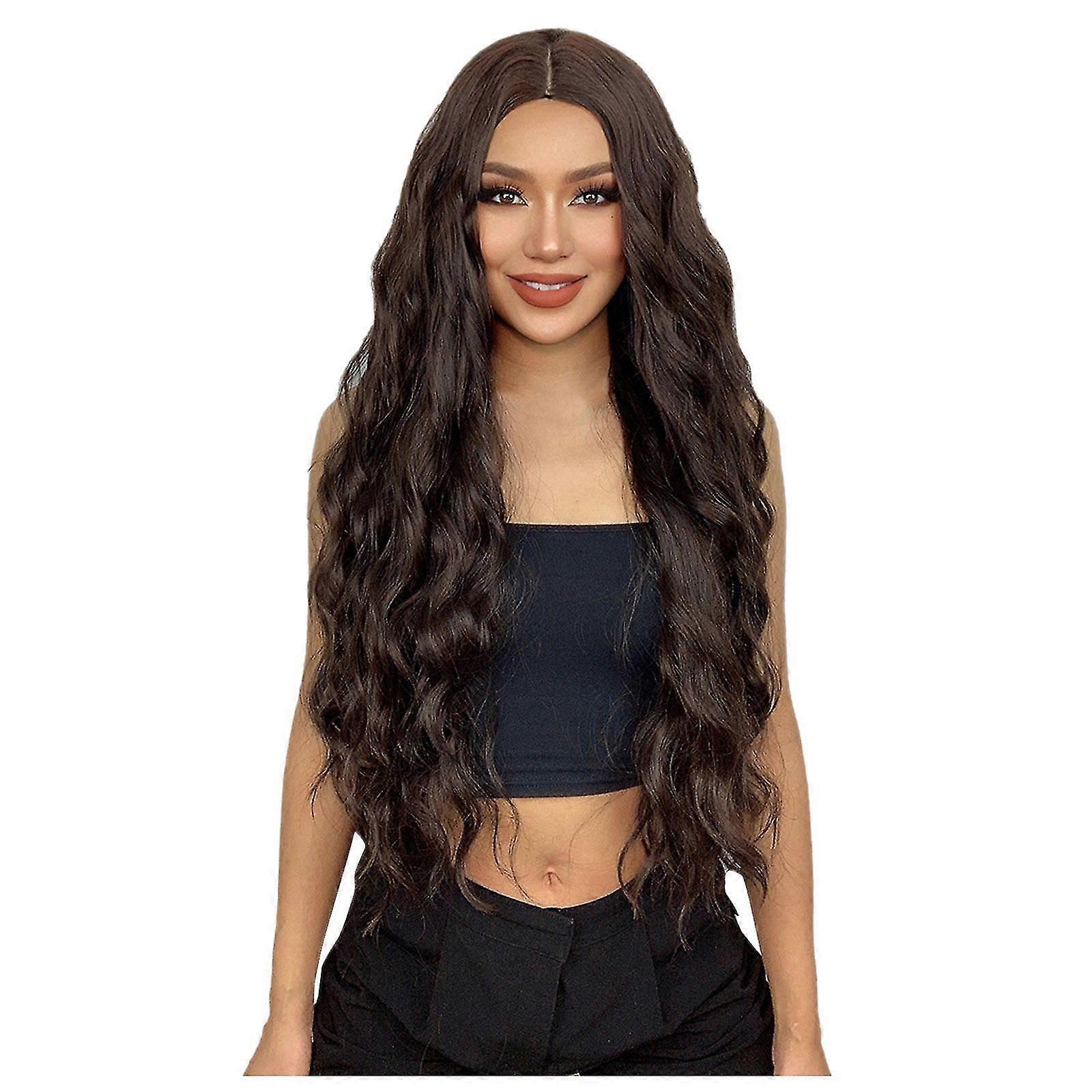 70cm Brown Medium Long Wavy Curly High Temperature Silk Material Rose Net Wig