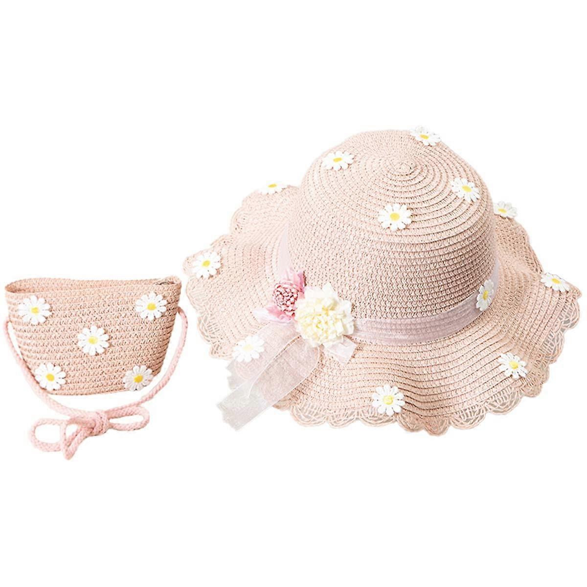 Baby Girls Summer Sun Protection Hats Set Of 2 Wide-Brim Sunflower Print Carrot Beach Cap With Shoulder Bag 2-8 Years