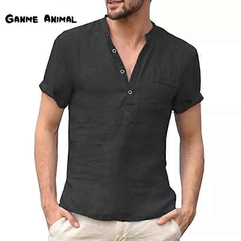 Cotton Linen Casual Mens Tee Shirts Short Sleeve V Collar Breathable