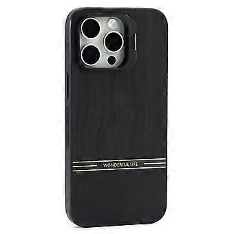 Compatible For iPhone 15 Pro Case Lens Frame Kickstand TPU+PC Wood Grain Phone Cover