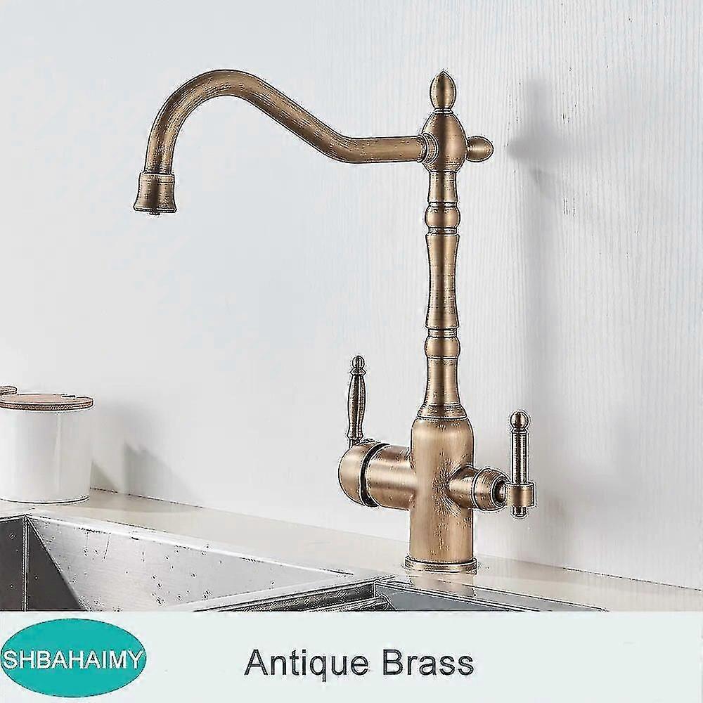アンティーク真鍮フィルターキッチン蛇口飲用純水キッチンタップデッキマウントデュアルハンドル3ウェイ温水および冷水ミキサー