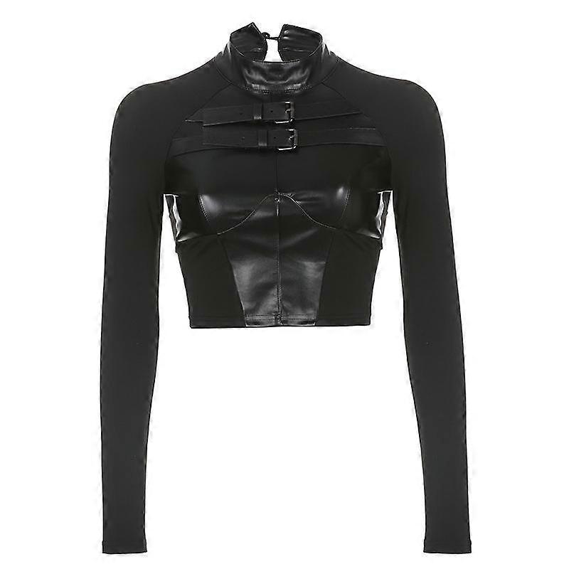 Women's Street Motorcycle Wind Leather Mesh Stitching Semi-high Neck Long Sleeve Belt Elastic Slim Top Clothes