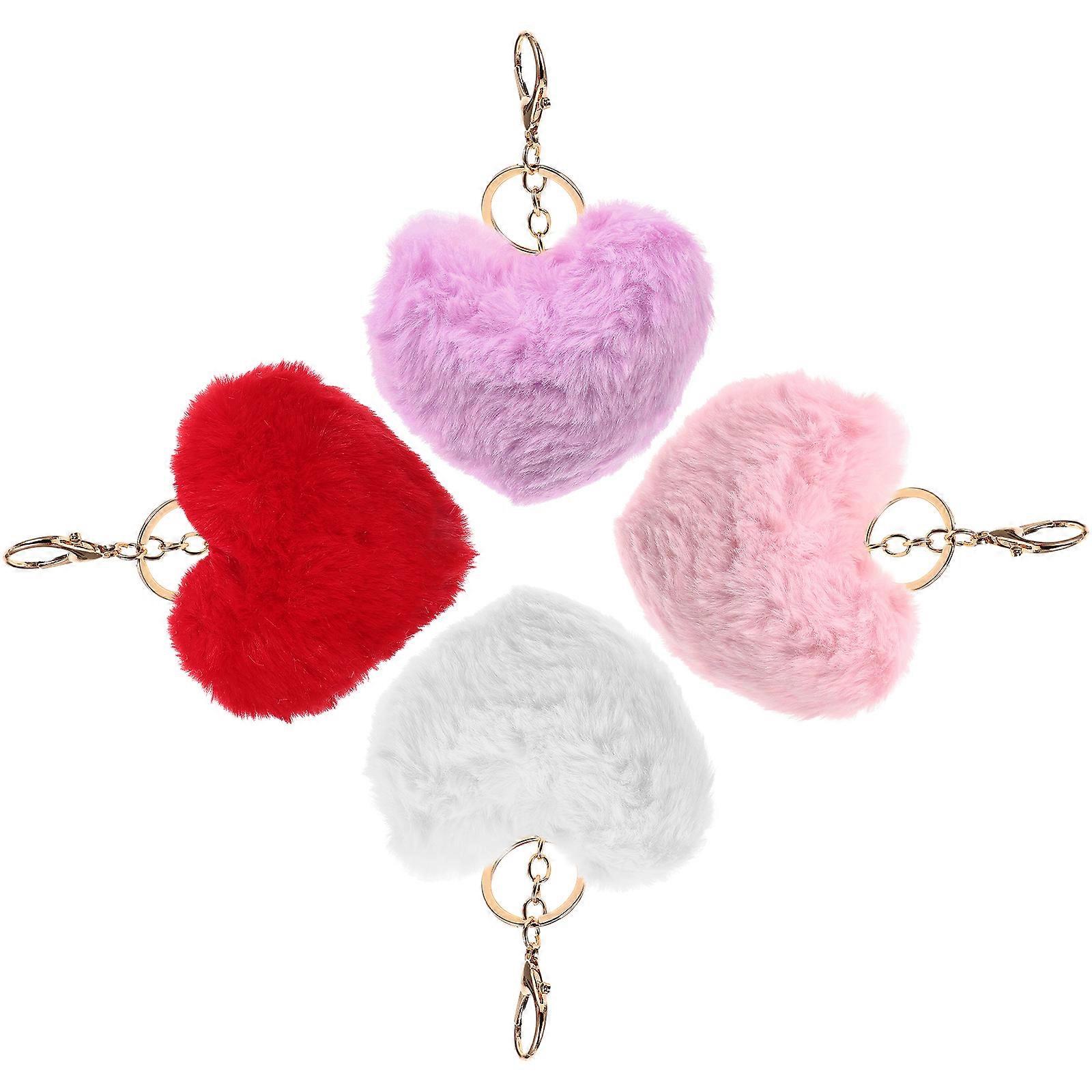 Heart Pendant For Bag Red Plush Metal Keychains Valentines Day Decorative Key Chain 4Pcs