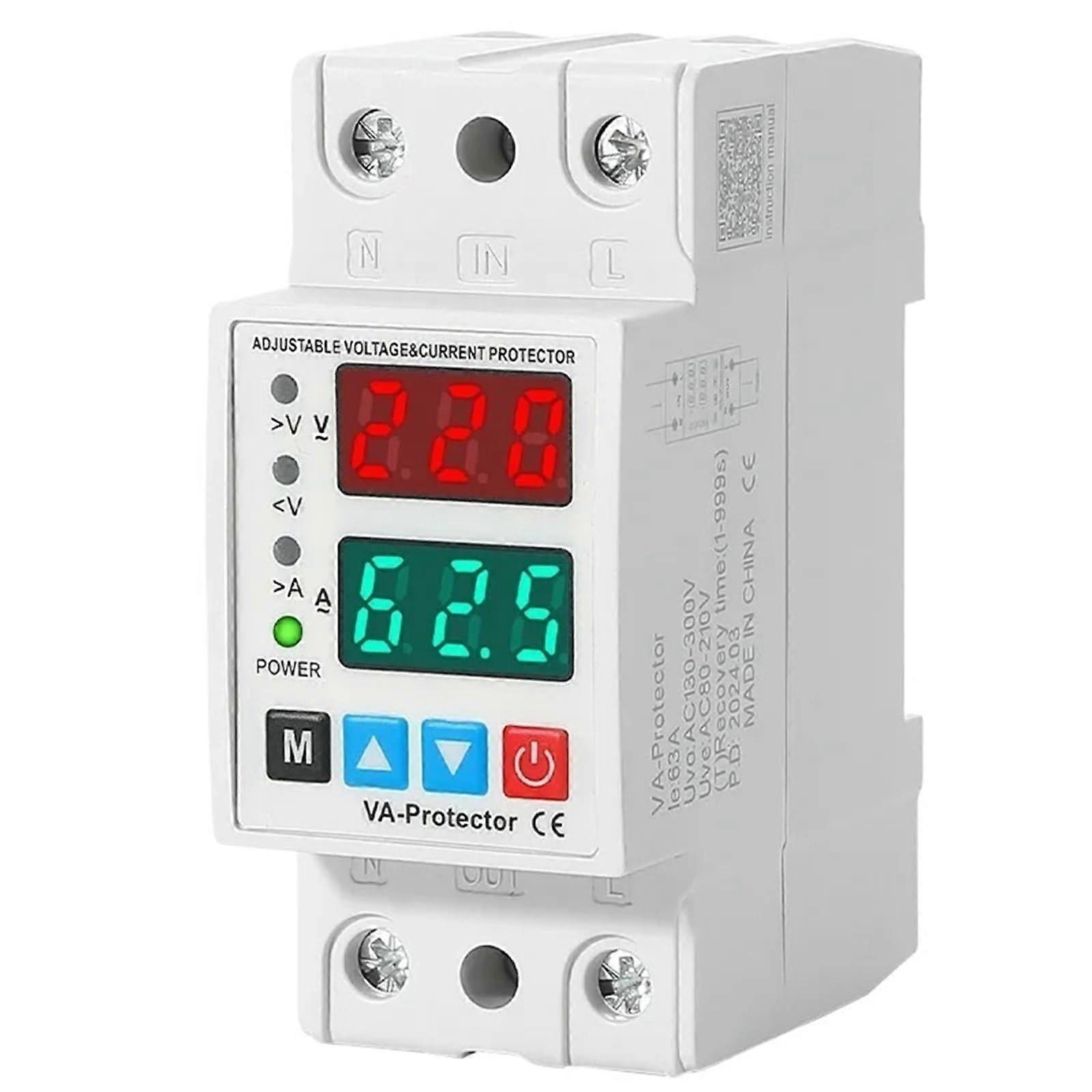 DIN Rail Adjustable Overvoltage and Undervoltage Protection Relay 40A/63A 230V With 63A Overcurrent Threshold