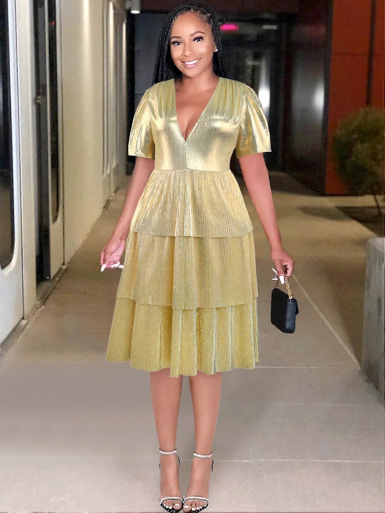 AOMEI V Neck Dresses for Women Gold Short Sleeves High Waist A Line Ruffles Large Size Casual Evening Cocktail Party Gowns