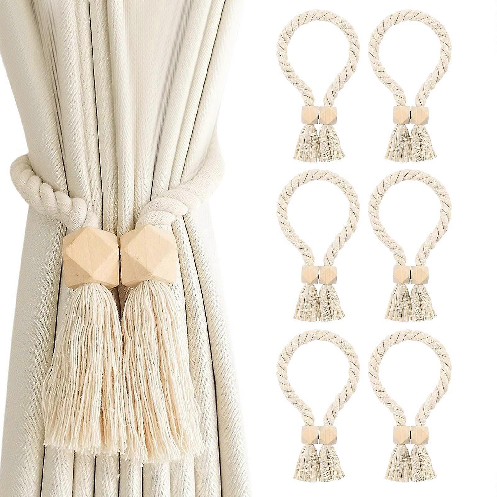 Magnetic Curtain Tiebacks 6 Pieces Beige Rhombus Hand Woven Wooden Holdbacks for Window Curtains Home and Office Decor