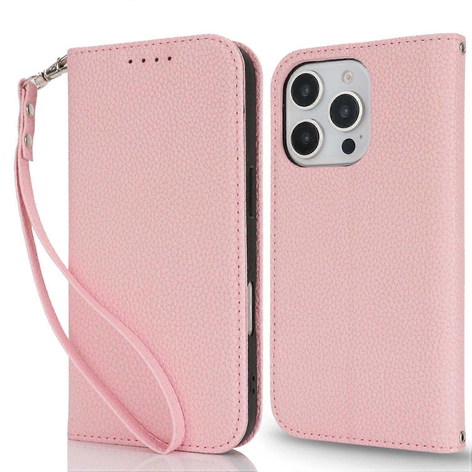 غطاء غطاء غطاء للجراب لهاتف iPhone 16 Pro Max Litchi غطاء هاتف جلد قابل للطي مع محفظة حزام - وردي