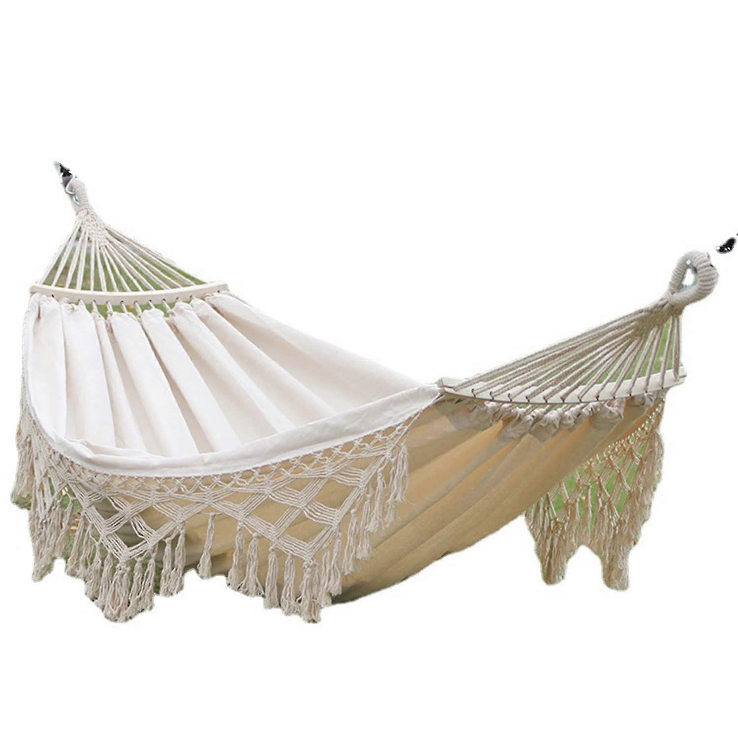 White Linen Rope Hammock with Macrame, 2-Person Size, Indoor Outdoor Use, Durable for Patio, Porch, Beach