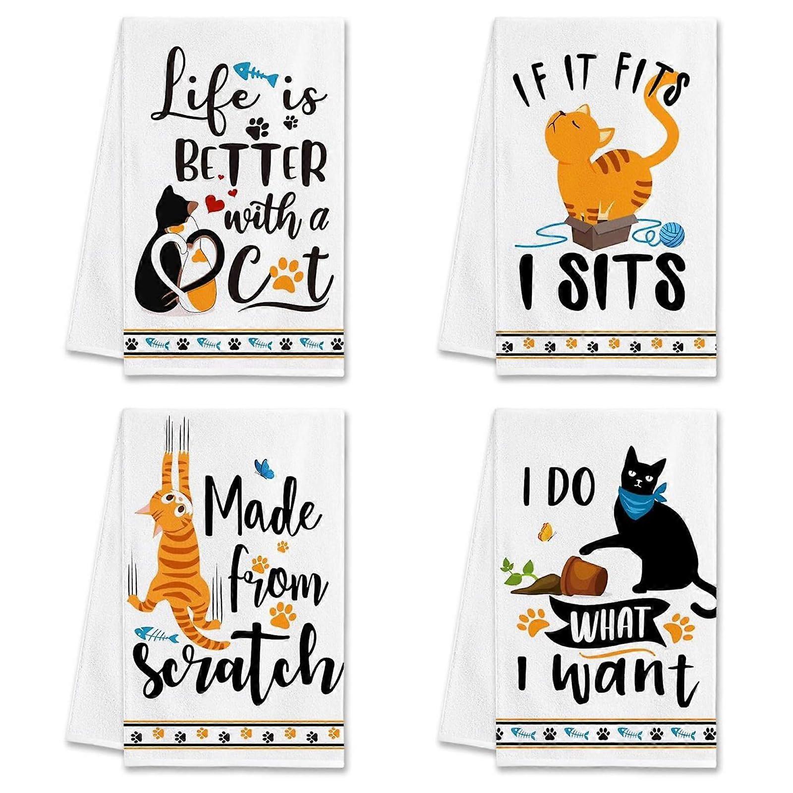 Pack of 4 Cotton Tea Towels, 40 x 60 cm, Super Absorbent, Soft and Durable Kitchen Towels with Cat Design