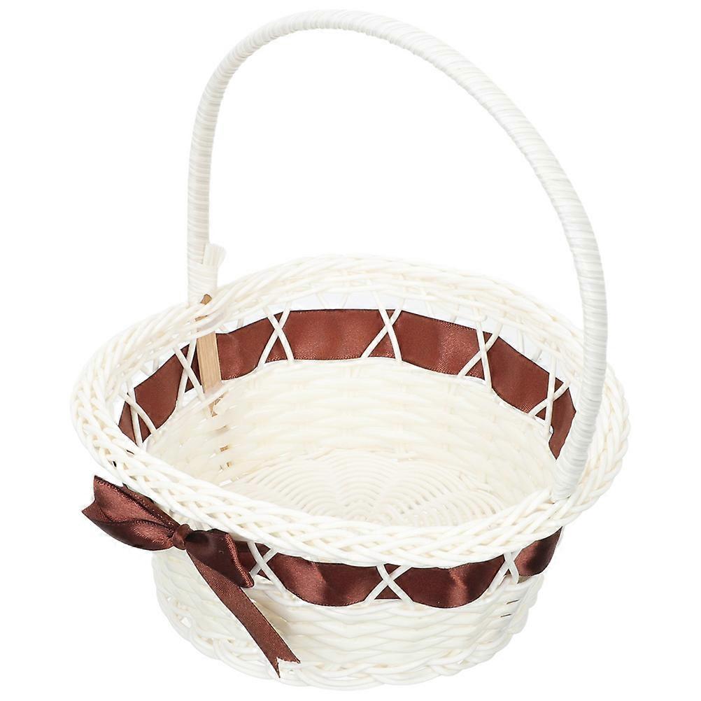 Plastic Imitation Rattan Basket Round Handle Dark Brown 7.9×6.3×6.3in Carrying For Picnic 1Pack