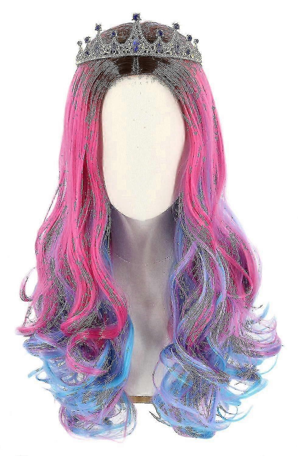 Peruca JUSCH Wekity Audrey com Coroa para Meninas Peruca Longa Ondulada Rosa Azul WZ-1251R