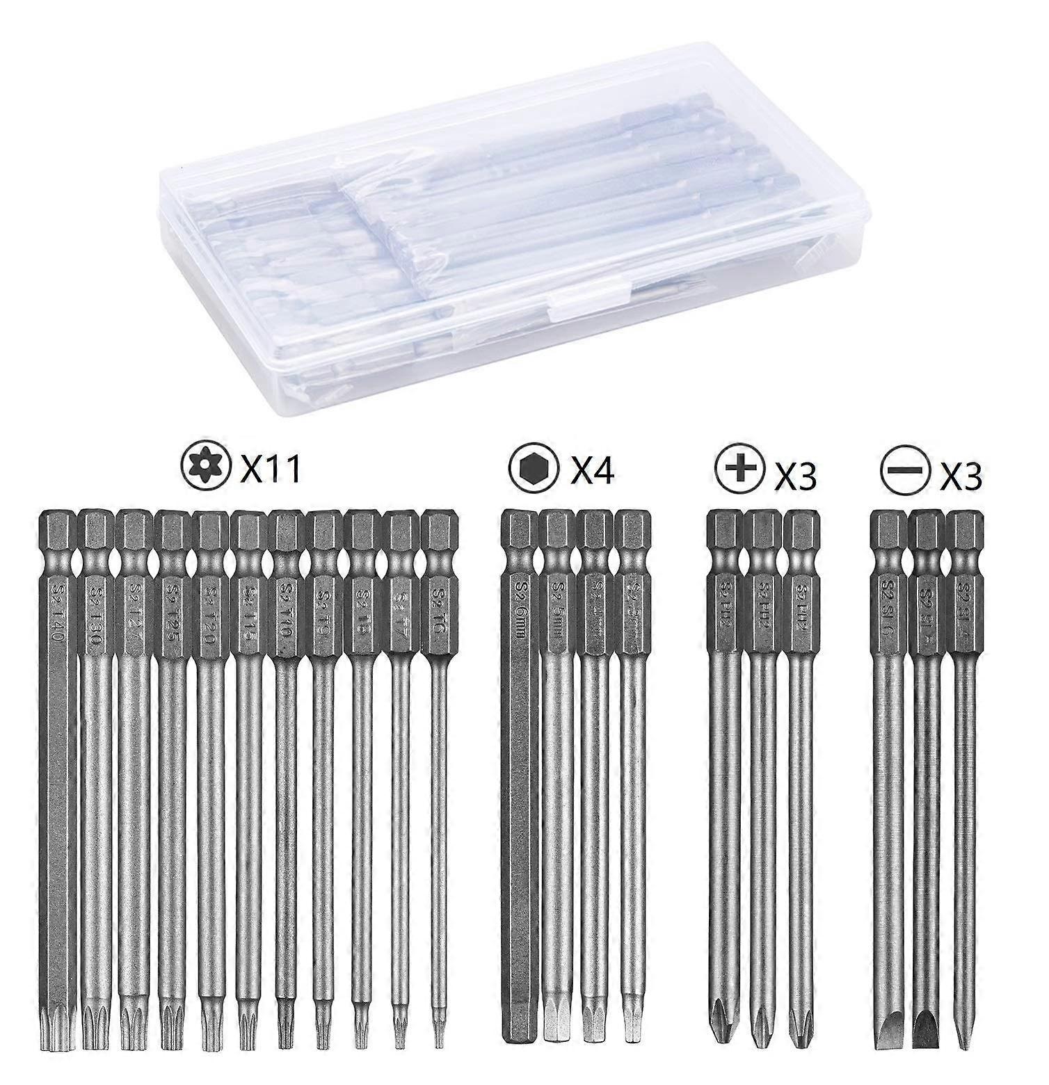 Screwdriver Bit Set Long, Torx Bit Set Magnetic T6T40, Hex, PH2, Slotted Bit Set 1/4 Inch Hex, 100 mm Extra Long, S2 Steel, PP Box Package