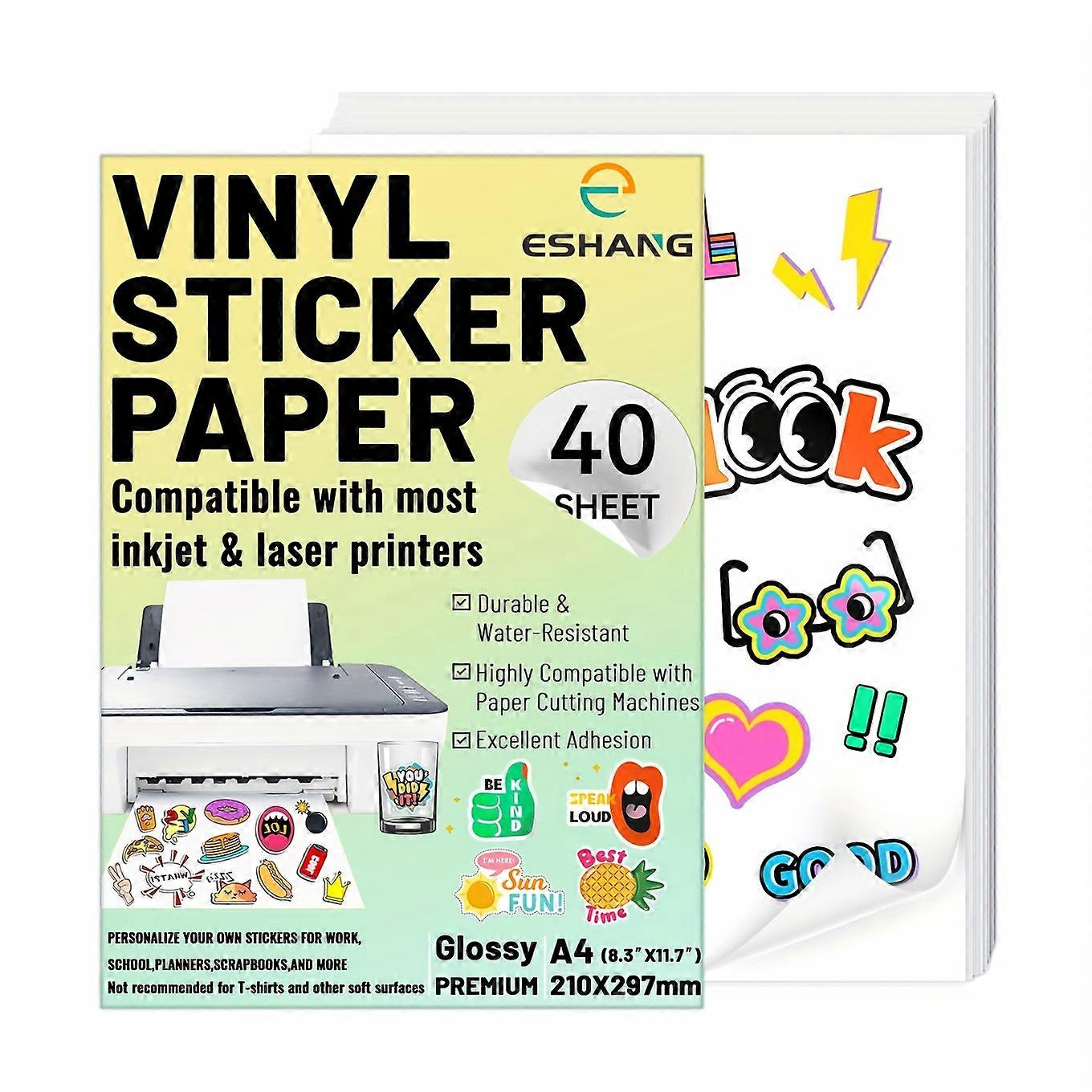 ESHANG Printable Vinyl Sticker Paper 40 Sheets A4 (8.3"X11.7") Glossy Self-Adhesive Sheets Waterproof Sticker Paper For Inkjet Printer & Laser Printer