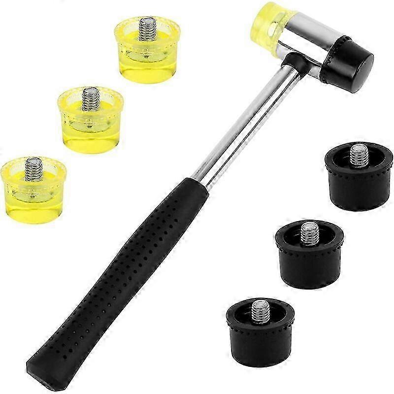 1pcs Rubber Mallet Double Sided Mallet Rubber Hammer with 6pcs Replaceable Sides Black and Yellow Non-Slip Rubber Handle for Wood Crafting Leather
